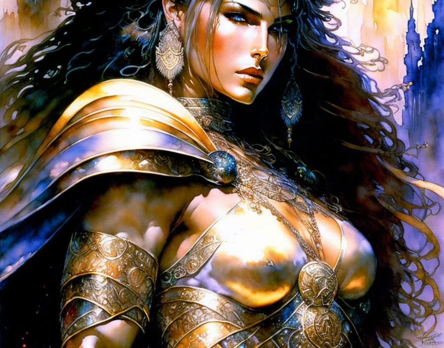 Fantasy illustration of warrior woman in ornate golden armor