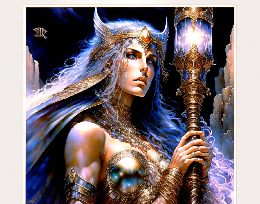 Regal female warrior illustration with glowing staff in mystical setting