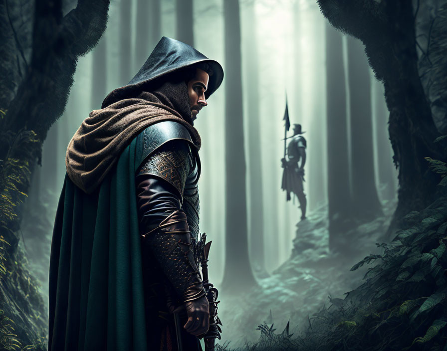 Mysterious cloaked figure in medieval armor in misty forest