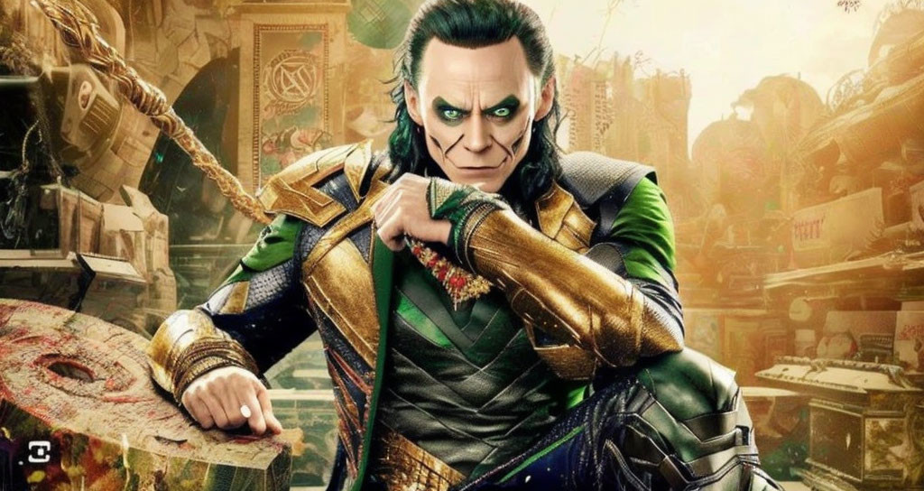 Green-caped character in golden armor with a scepter in chaotic setting