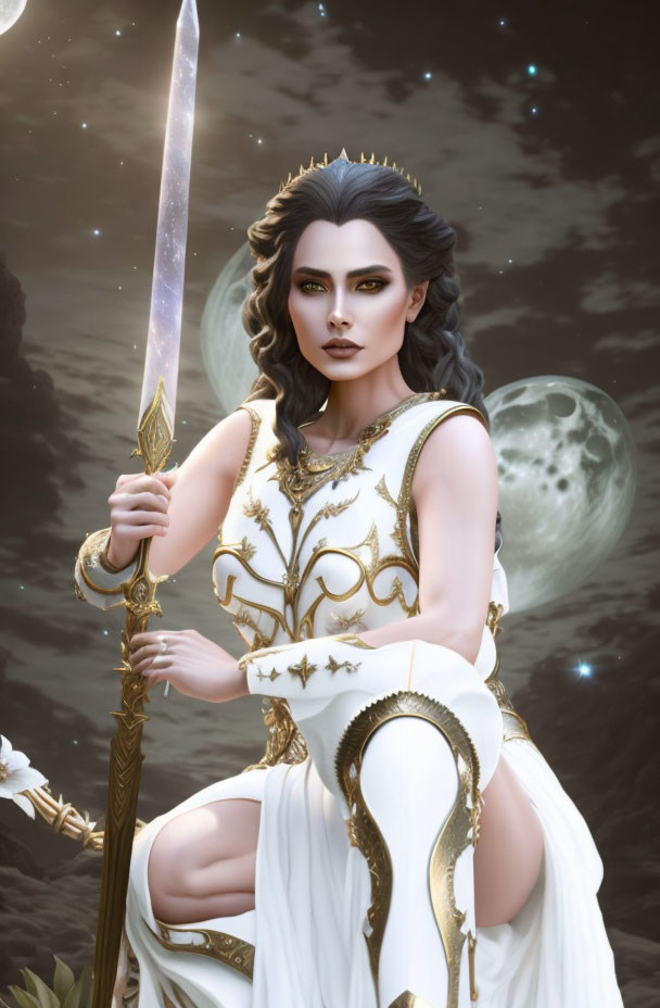 Dark-haired woman in white and gold armor with sword under twin moons