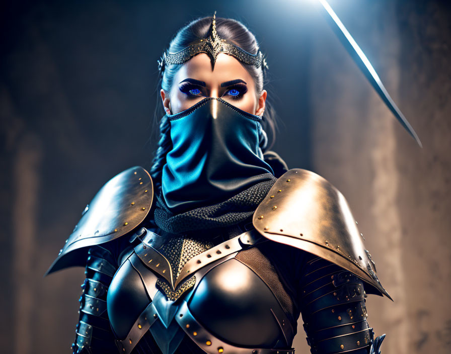 Medieval woman in armor with blue veil holding sword prominently.