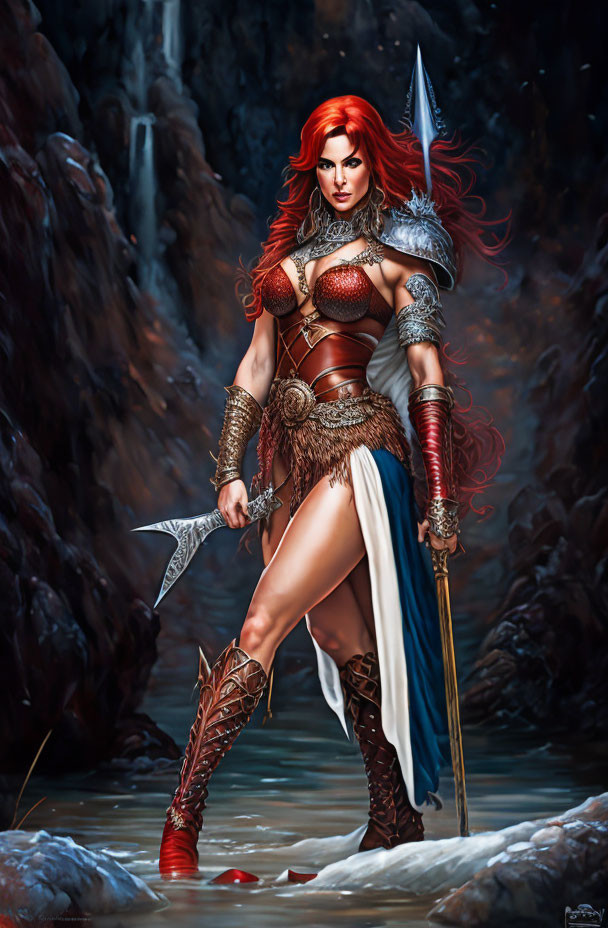 Red-Haired Warrior Woman in Ornate Armor with Spear and Axe in Snowy Rocky Terrain