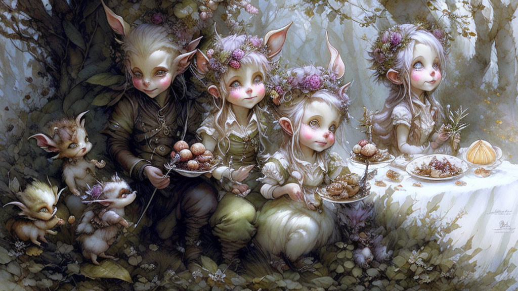 Fantasy tea party with whimsical elf-like creatures in forest setting