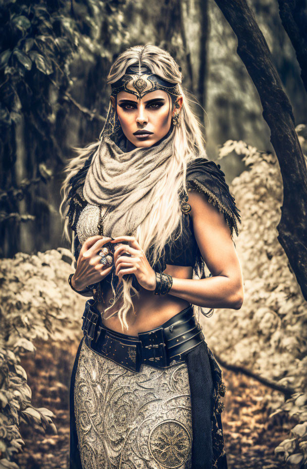 Silver-haired woman in fantasy warrior attire with dramatic makeup and headpiece standing in mystical forest.