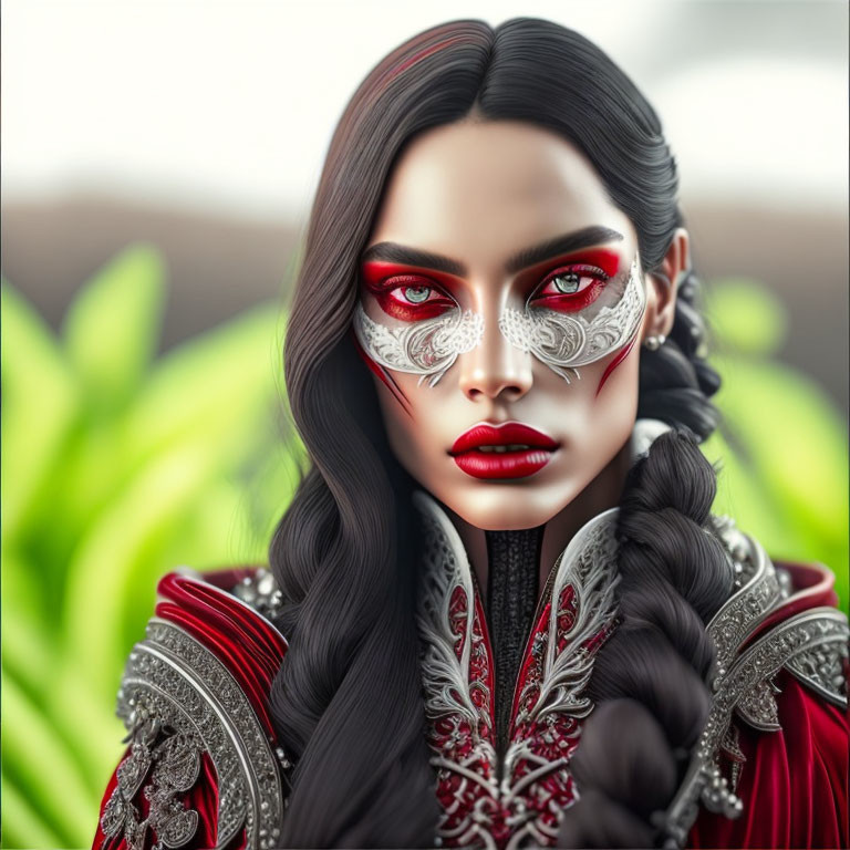 Digital illustration of woman with red eye makeup, lace mask, braided hair, and red outfit