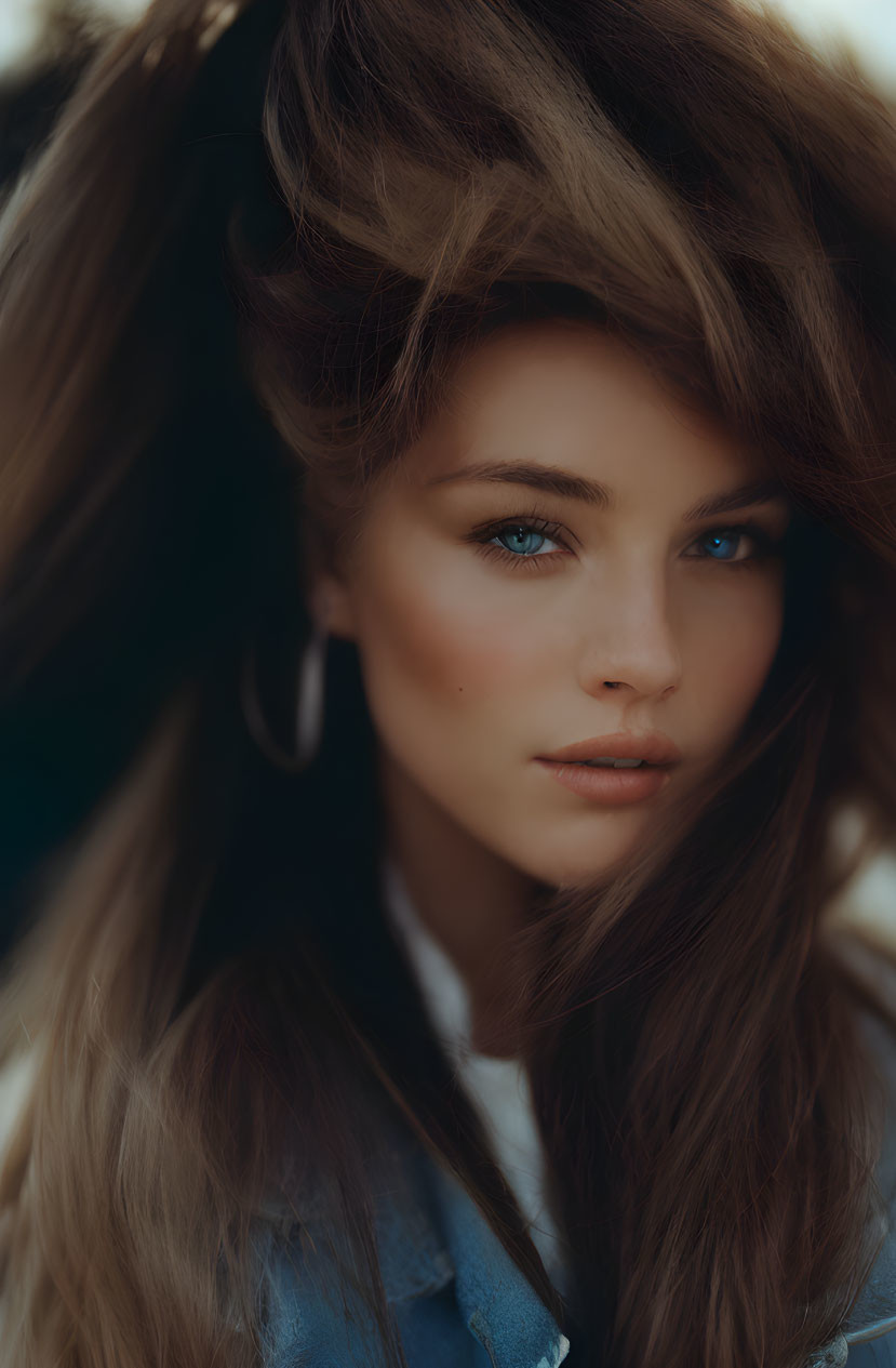 Close-up portrait of woman with flowing hair, blue eyes, denim attire, and hoop earrings.