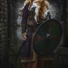 Woman in Viking costume with horned helmet and shield against stone backdrop