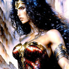 Intense Wonder Woman portrait in iconic costume with cosmic background