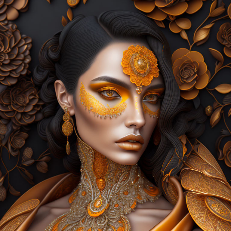 Digital artwork featuring woman with ornate gold facial decorations and jewelry amidst stylized gold flowers.