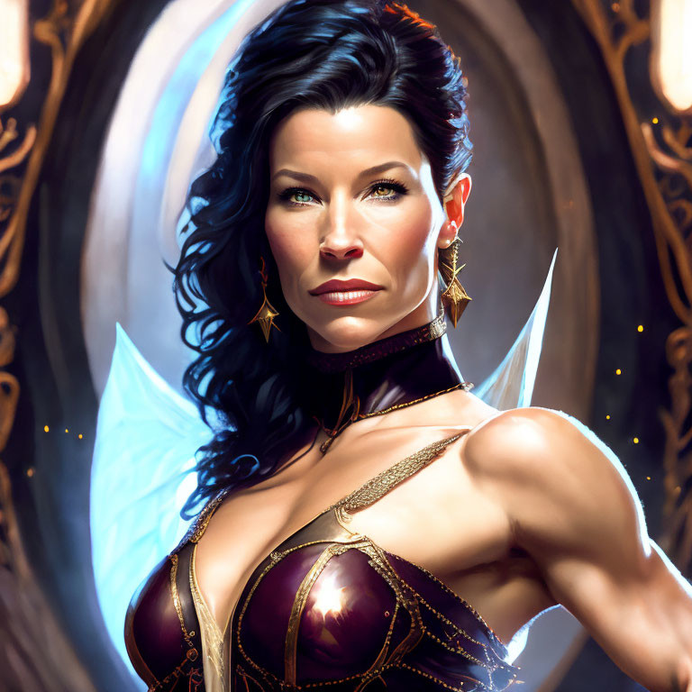 Fantasy female character with dark hair and blue fairy wings portrait.