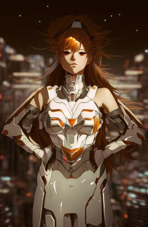 Female anime character in white and orange mech suit with long brown hair, cityscape background