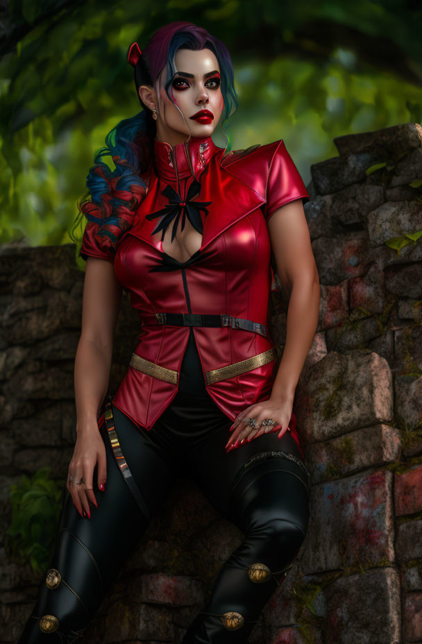 Stylized image of woman with blue hair and red highlights in corset against stone wall