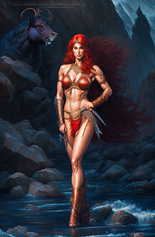 Red-haired warrior woman in fantasy armor with wolf companion by stream