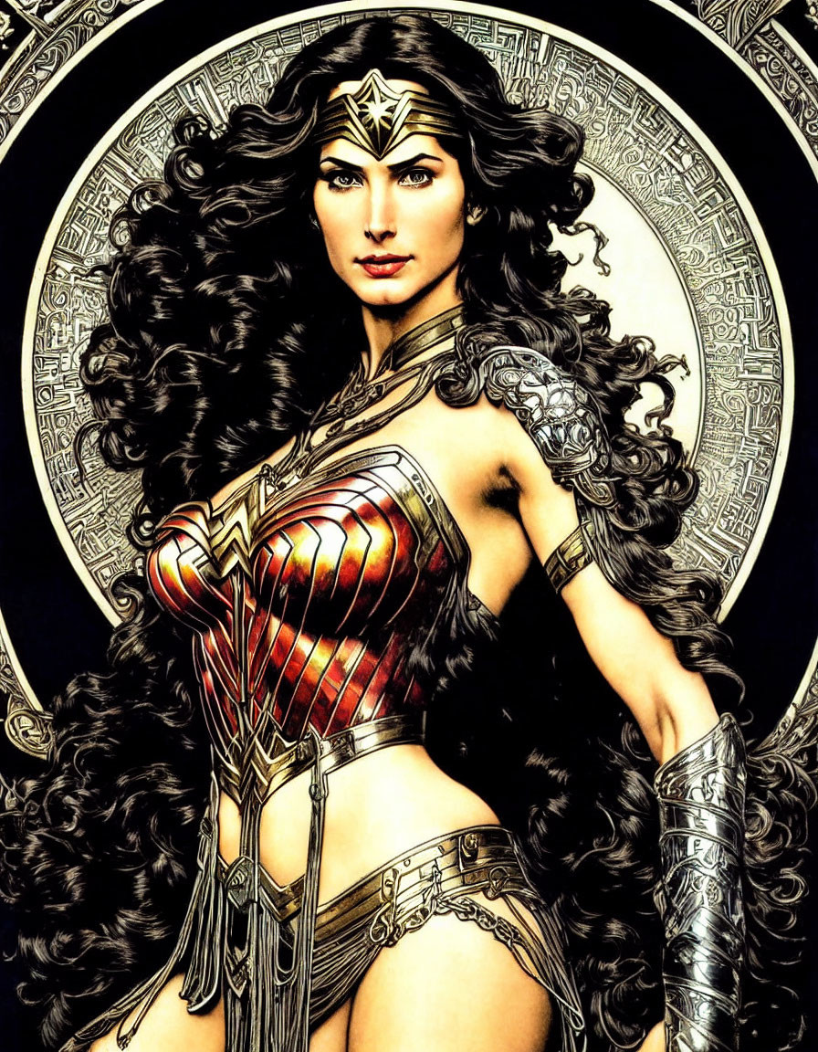 Female superhero illustration: long black hair, red/gold armor, silver bracers, golden tiara