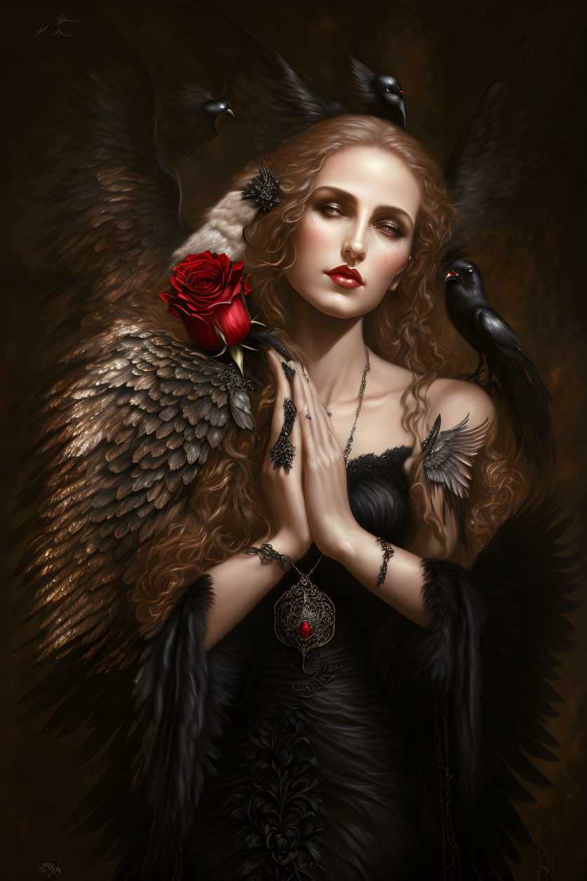 Dark elegance: Woman in black feathers with rose, crows, and golden background