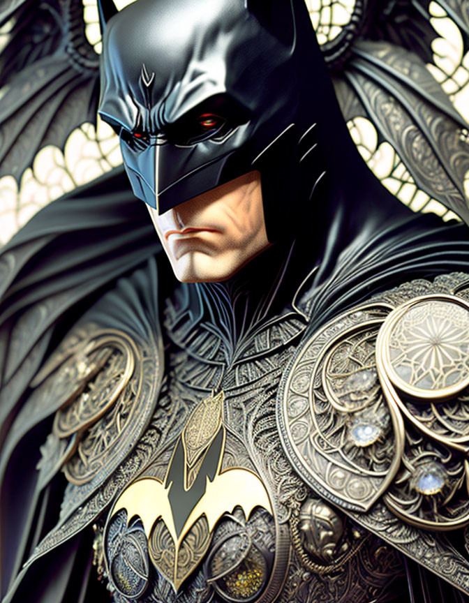 Detailed Batman illustration in black costume with cape and bat emblem against stained glass window.