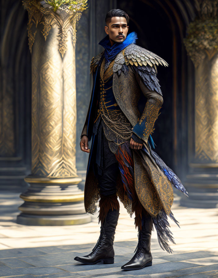 Regal man in blue and gold costume in dimly lit gothic corridor