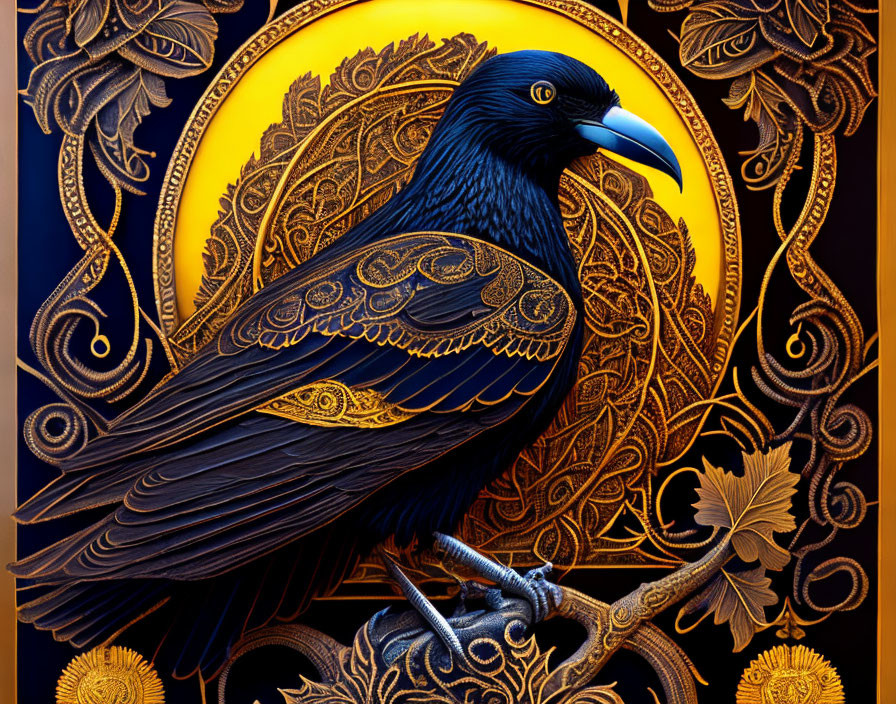 Detailed Raven Illustration with Gold Patterns on Feathers