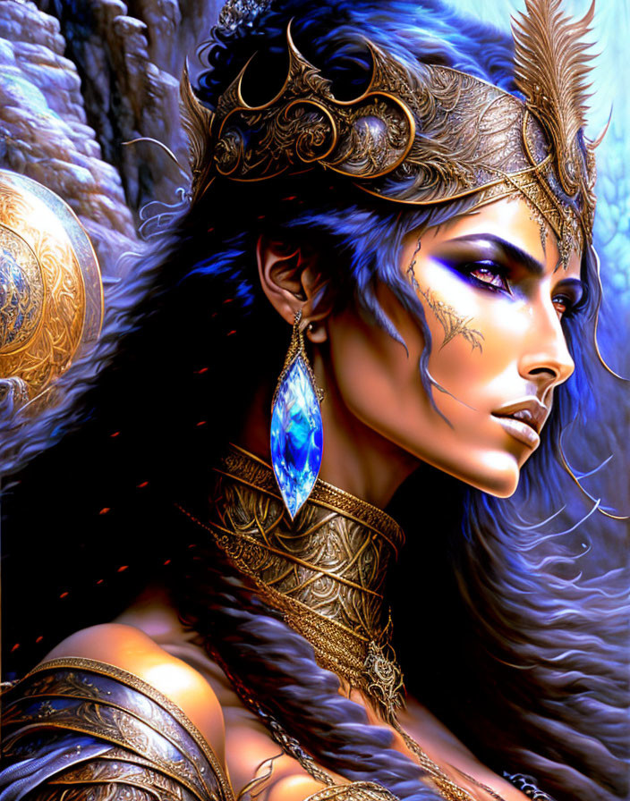 Illustrated warrior queen with blue eyes and gold feather headdress.