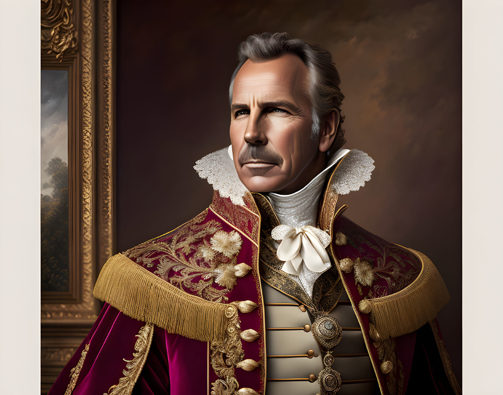 Digital portrait blending modern man with historical general attire: lace collar, golden buttons, royal red jacket.