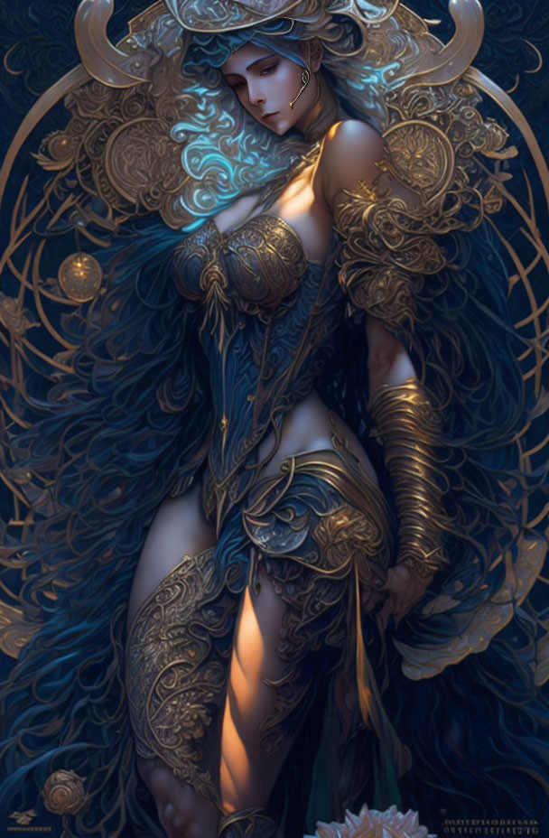 Fantasy female figure in blue and gold armor with cosmic aura.