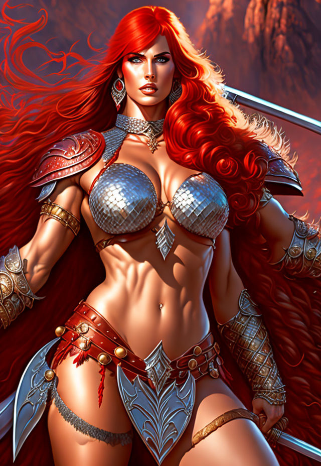 Red-Haired Warrior Woman in Silver Armor Against Fiery Mountain Backdrop