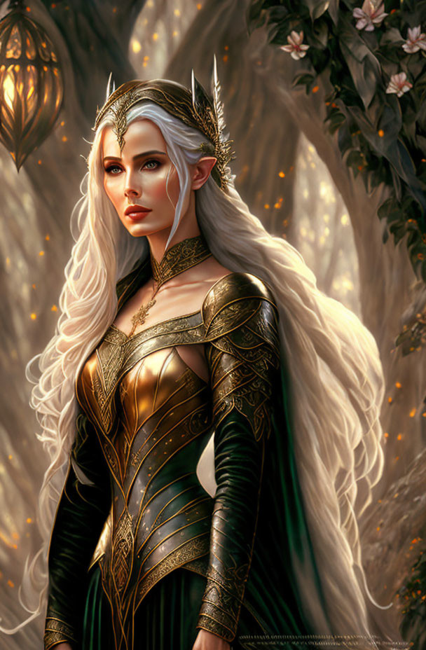 Ethereal elf queen in golden armor with platinum hair in enchanted forest.