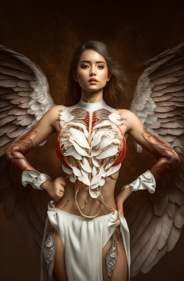 Fantasy art of a woman with angelic wings and ribcage attire.