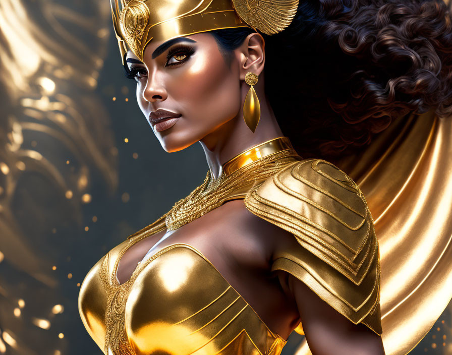 Regal woman in golden armor and headdress on shimmering background