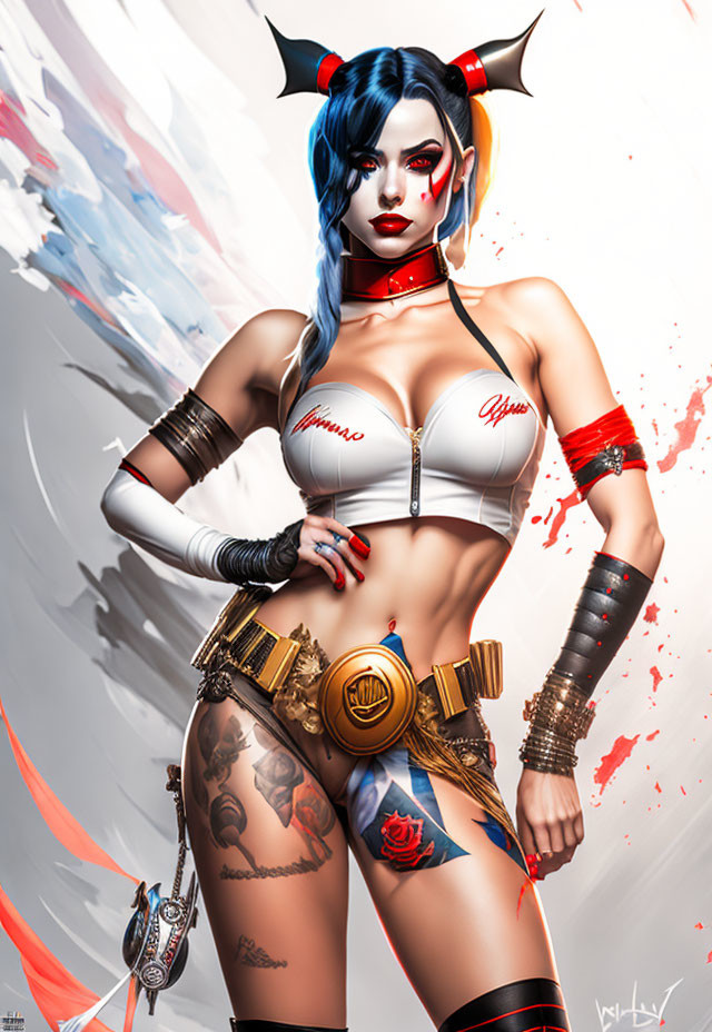 Colorful woman illustration with blue hair, horns, red and white costume, tattoos, and accessories