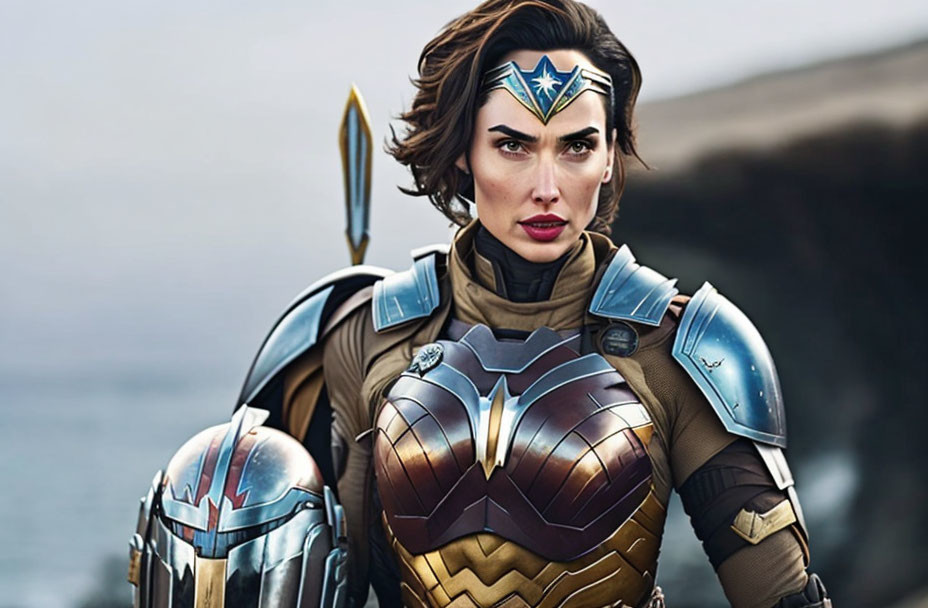 Armored superhero woman with tiara and breastplate in intense gaze