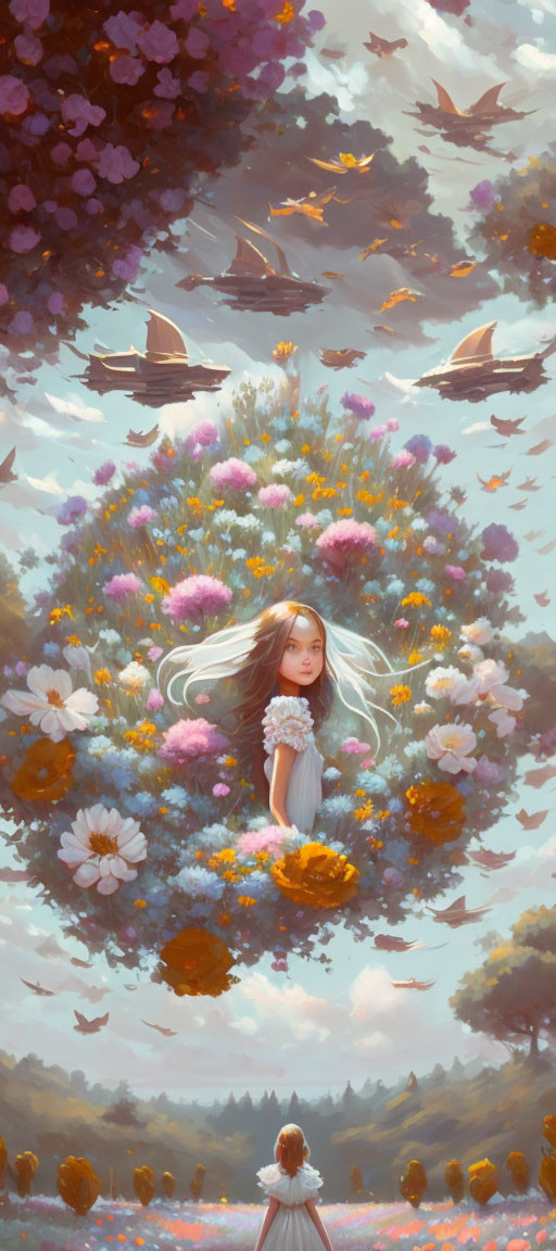 Whimsical image of girl in colorful floral vortex with birds, another girl in flower field