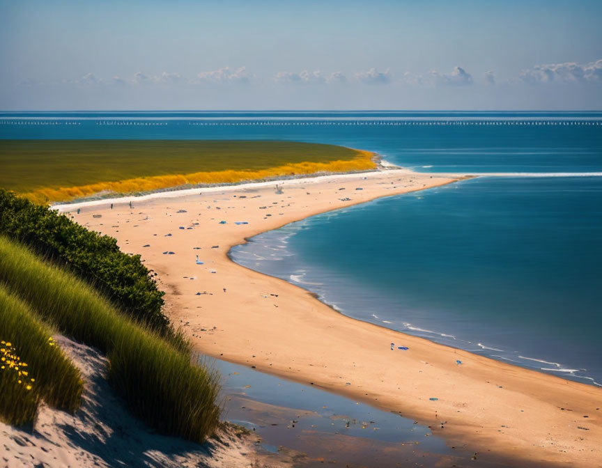 Tranquil Beach Scene with Curved Shoreline and Beachgoers