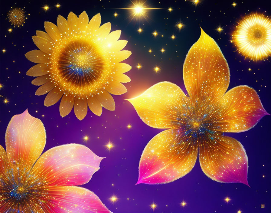 Colorful Glittery Flowers on Galaxy Background in Purple and Blue