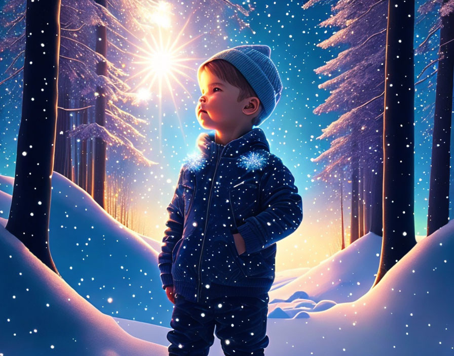 Child in winter attire gazes at bright star in snowy forest at night