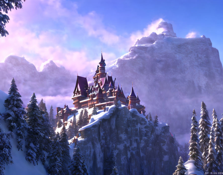 Snow-covered mountain castle surrounded by pine trees under pink sky