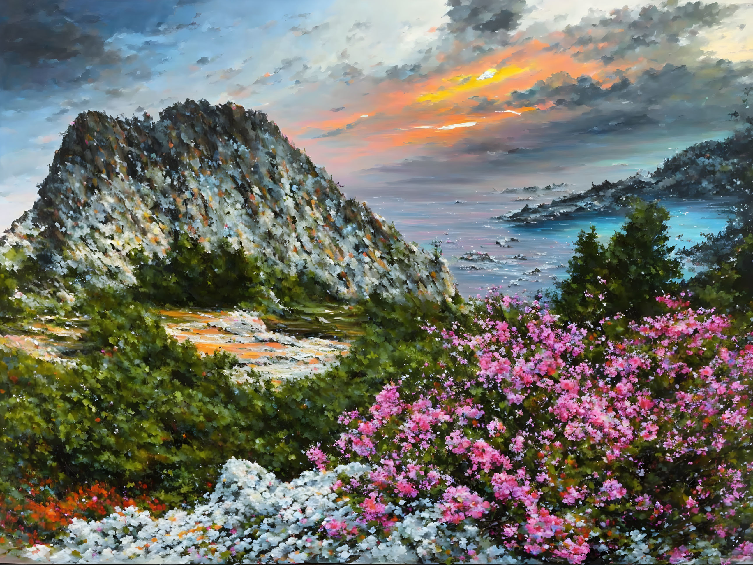 Mountainous seaside sunset painting with pink and white shrubs