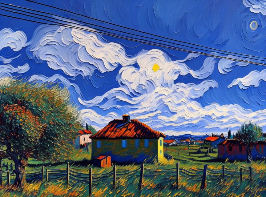 Colorful rural landscape with swirling blue skies and quaint houses in van Gogh style