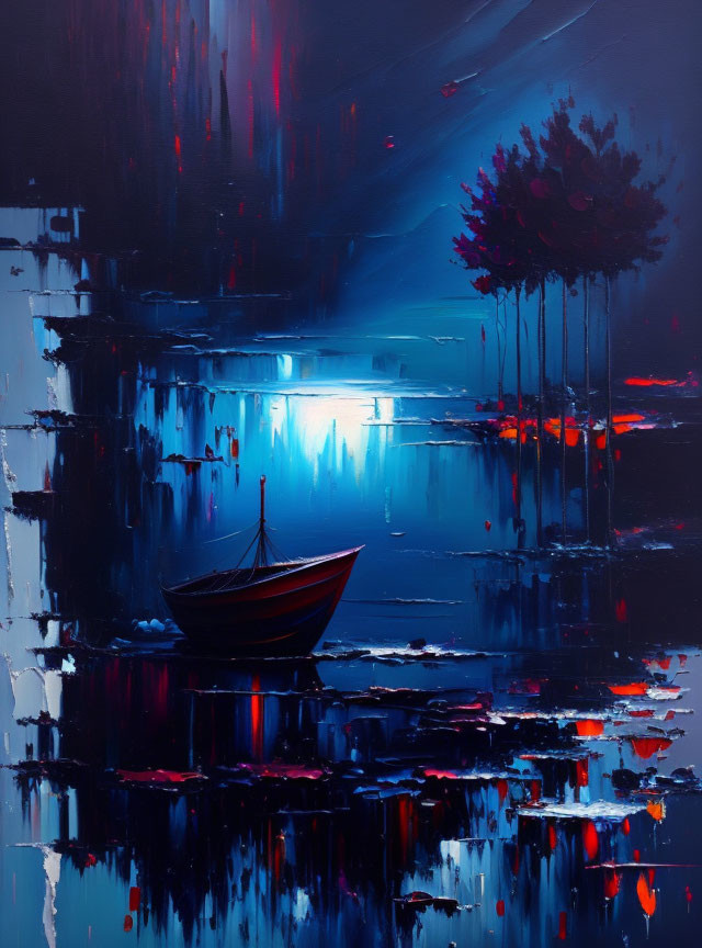 Colorful Abstract Painting: Red Boat on Calm Water