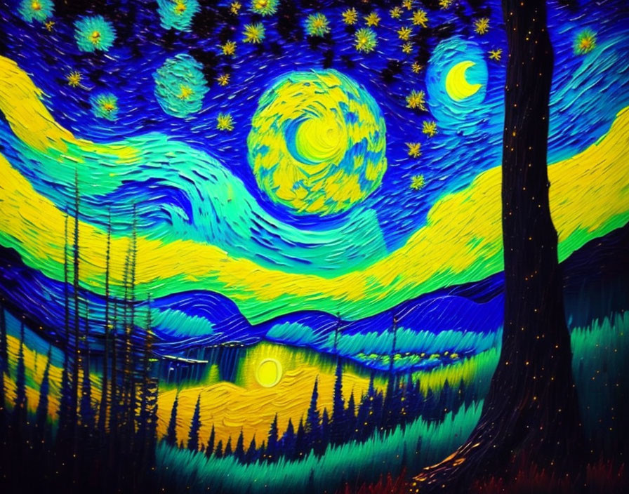 Starry night sky painting with swirling clouds and moon