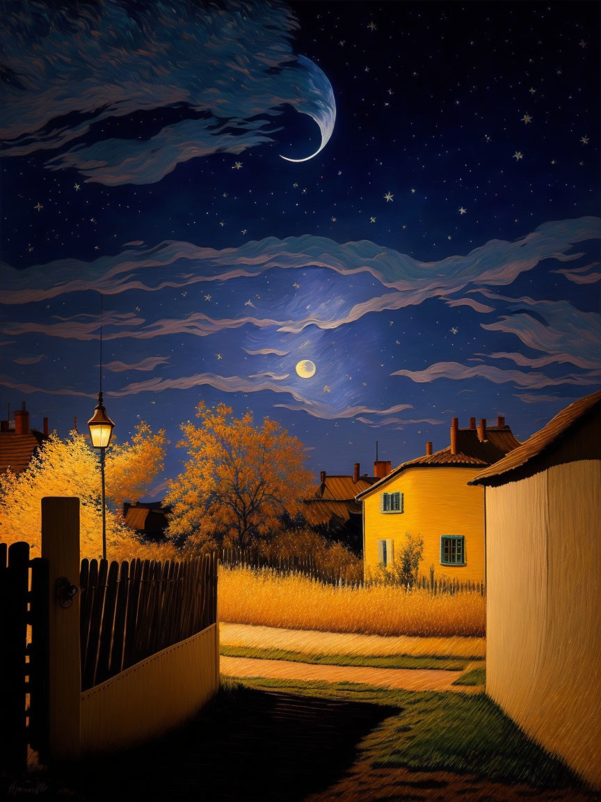 Tranquil night scene: crescent moon, starry sky, glowing streetlamp, yellow houses