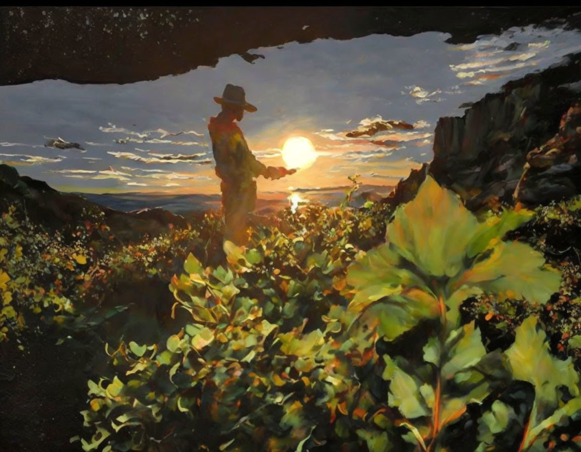 Person in hat gazes at sunset in lush landscape with sun and darkening sky