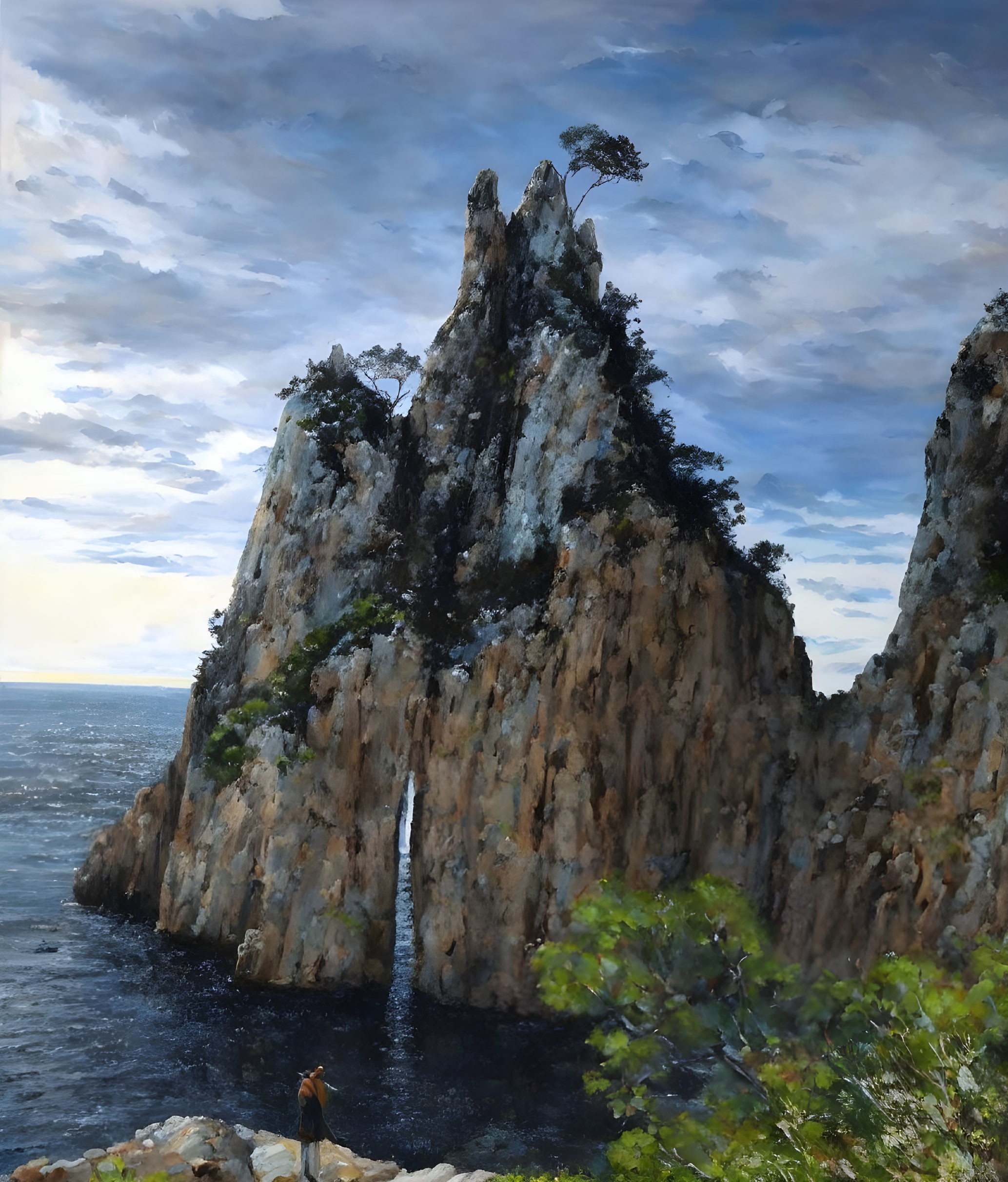 Cliff waterfall cascading into sea with lone tree and dramatic sky