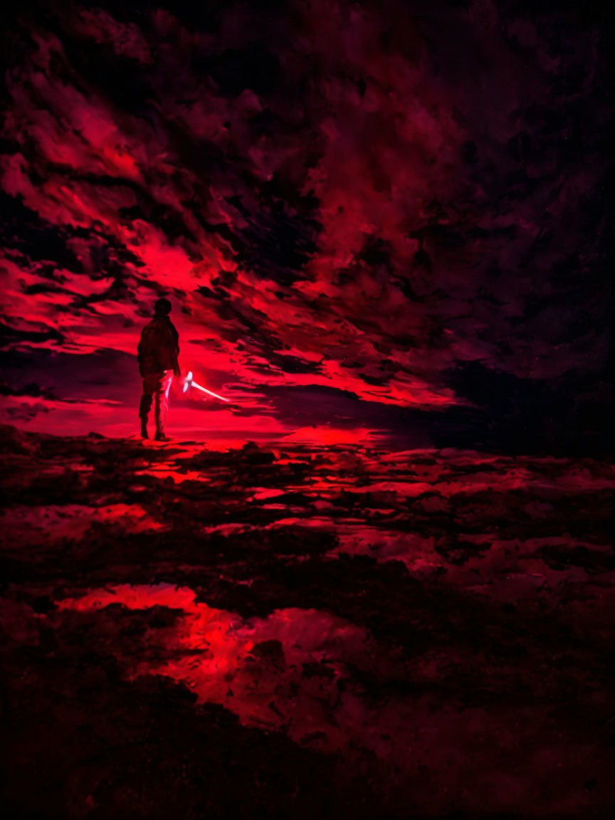 Solitary figure under crimson sky with glowing hand beam