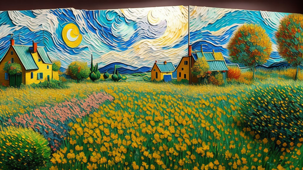 Colorful painting of starry skies over houses and fields.