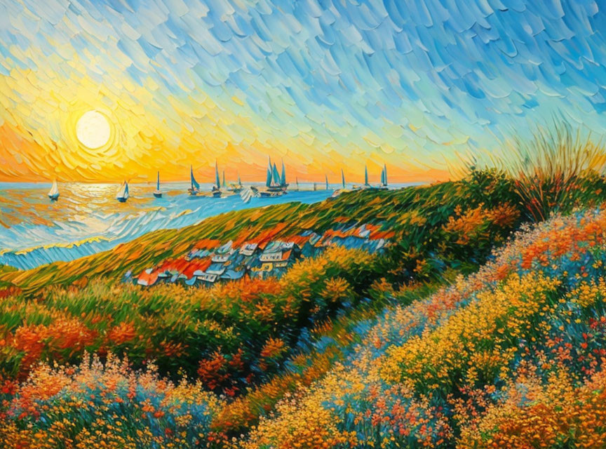 Colorful seaside sunset painting with flower hill, houses, sailboats, expressive sky