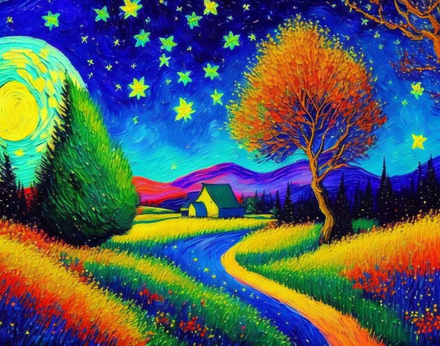 Colorful swirling starry sky painting with crescent moon, foliage, and quaint house