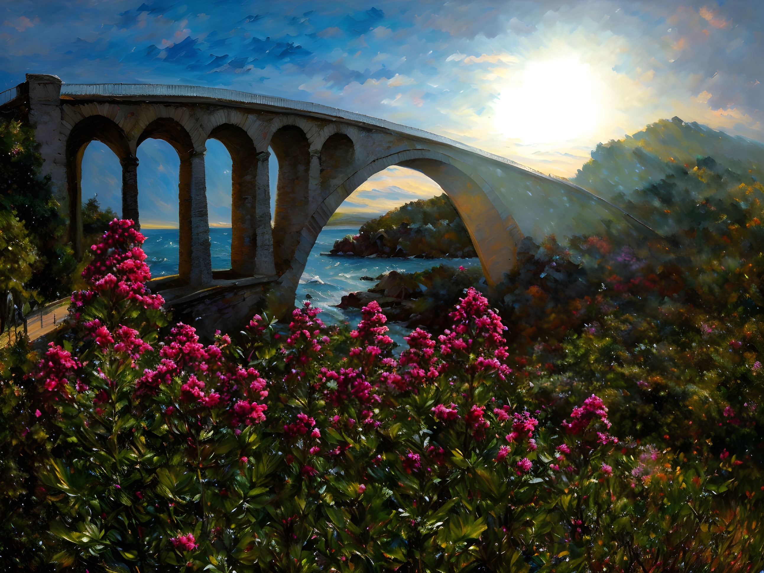 Stone arch bridge over calm sea at sunset with blooming flowers