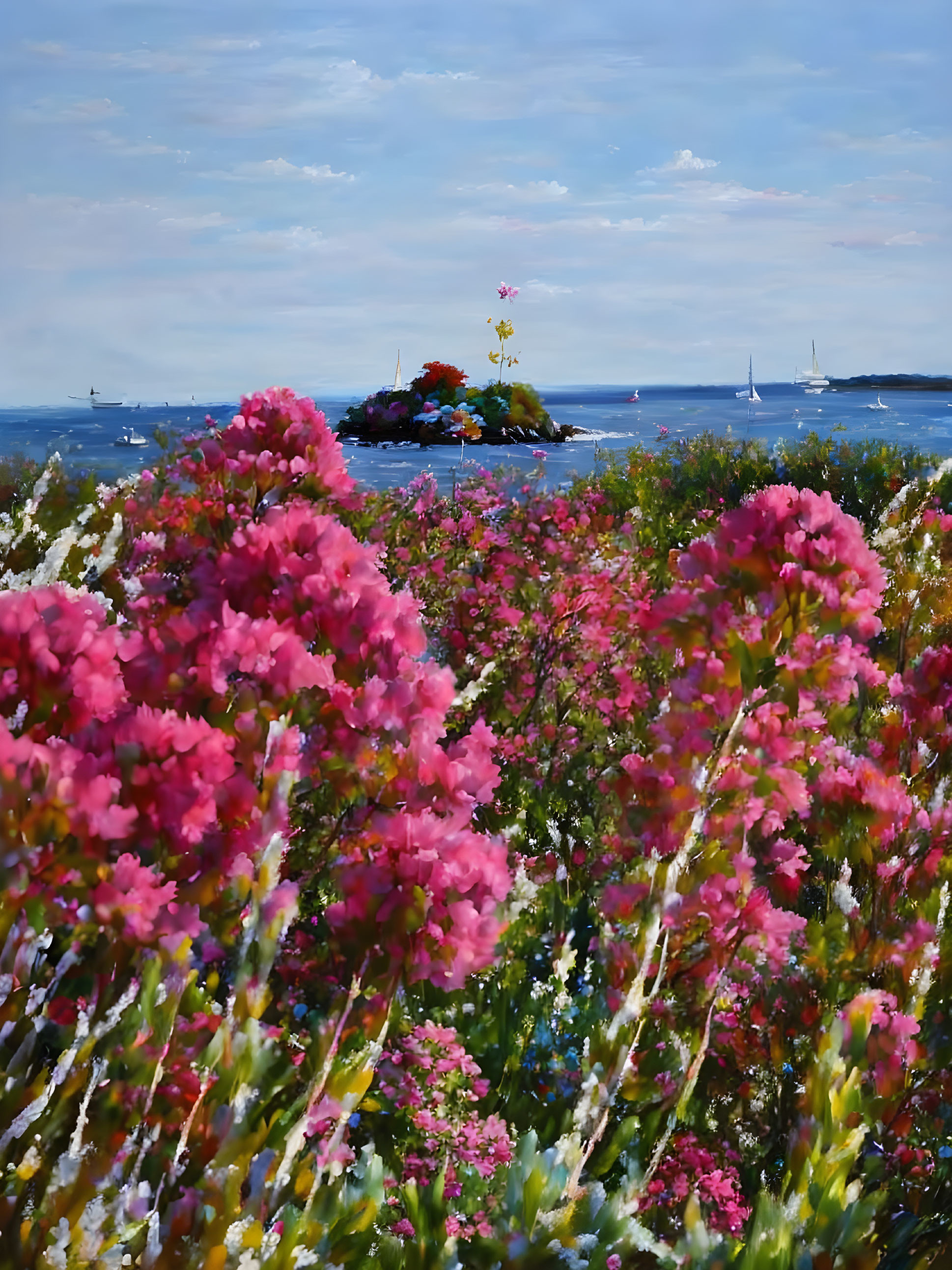 Colorful seascape with pink blossoms, island, sailboats, and blue sky